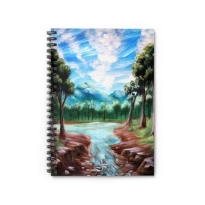 May include: Spiral-bound notebook featuring a landscape painting. The artwork depicts a river flowing through a forest with mountains in the background. The sky is blue with white clouds. The notebook has a black spiral binding.