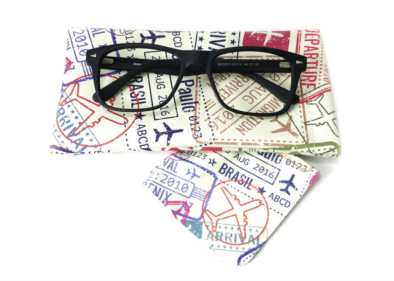 Passport Stamps designed glasses and sunglasses case | Gift for travelling sisters gift designer soft glasses case sunglasses cover for dad image 2