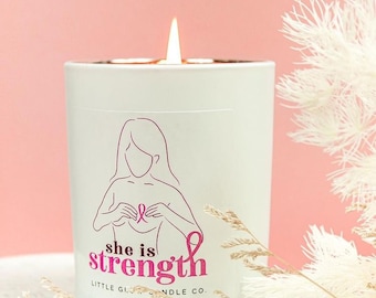 Breast Cancer Awareness Candle- 'She Is Strength' | Gift for her cancer awareness scented candle for gift meaningful gift