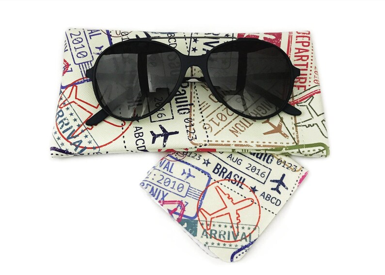 Passport Stamps designed glasses and sunglasses case | Gift for travelling sisters gift designer soft glasses case sunglasses cover for dad image 4