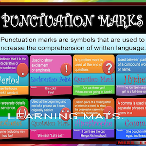 May include: A colorful chart with the title "Punctuation Marks" explains the use of different punctuation marks, including period, exclamation point, question mark, hyphen, parentheses, quotation marks, apostrophe, and comma. Each punctuation mark is illustrated with an example sentence.