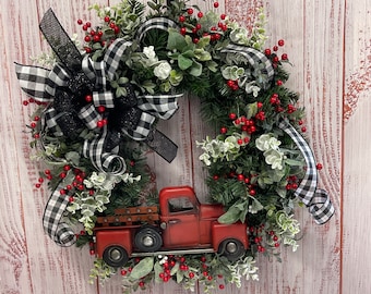 Christmas Wreath for Front Door,  Christmas Wreath, Red Truck Door Wreath, Holiday Wreath, Winter Door Wreath, Country Wreath for Christmas,