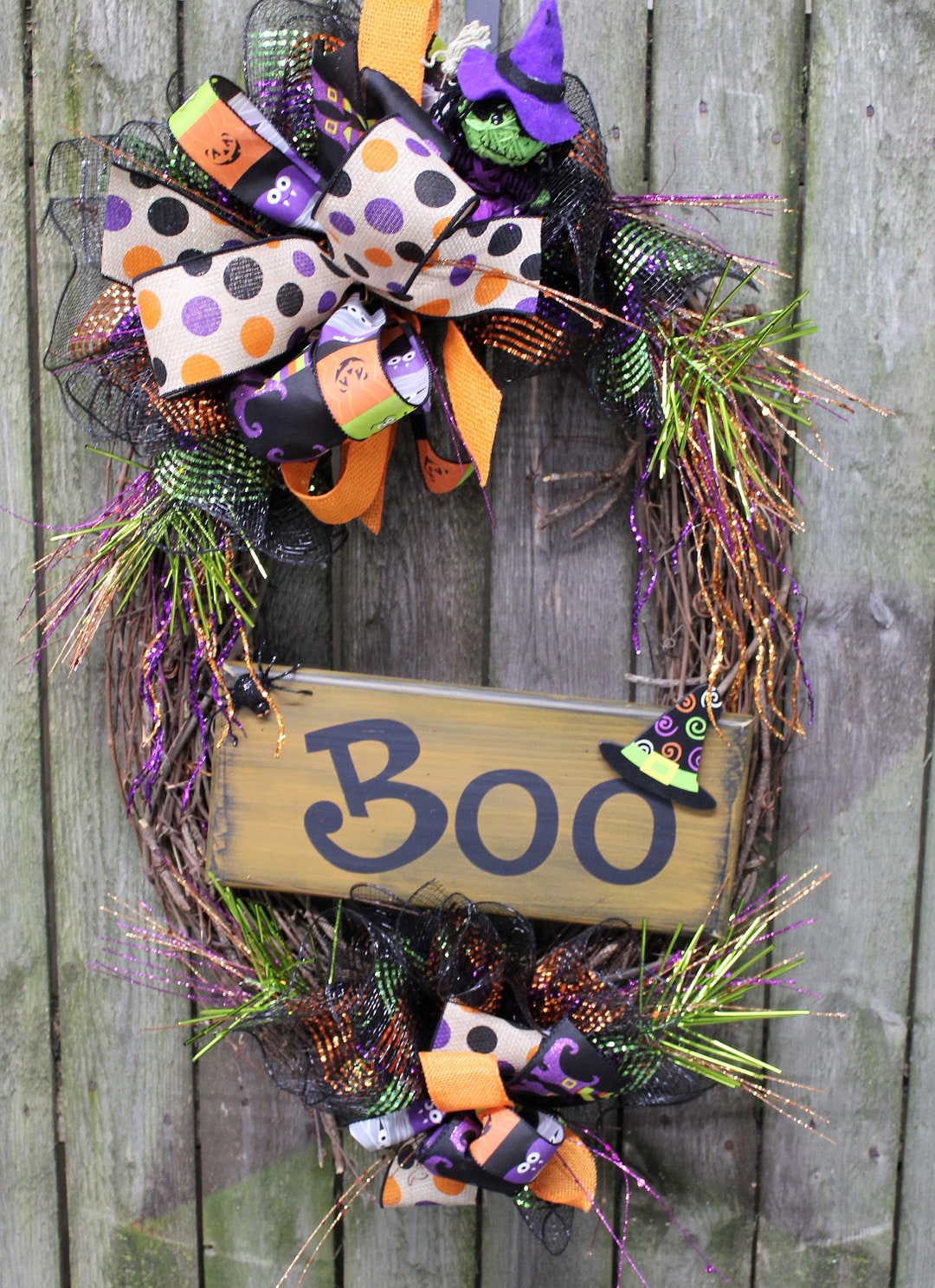 Spooky Vibes Only! BOO Halloween Wreath For Front Door – 50cm Multicolor Cloth & Plastic Decor