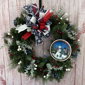 Winter Front Door Wreath, Patriotic Winter Wreath, Snowman Door Decor, Holiday Door, Wreath for Front Door, Christmas Door Wreath