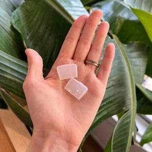 May include: Two small, translucent, rectangular rose quartz crystals are held in a hand. The crystals are smooth and have a soft, pink hue. A gold ring with black accents is worn on a finger. Large green leaves are in the background.