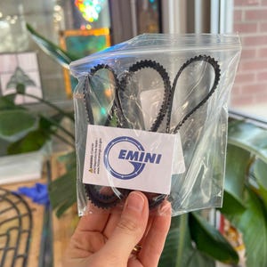 Op de afbeelding: Een doorzichtige plastic zak met zwarte distributieriemen. Een wit label met het woord "EMINI" in blauw is zichtbaar. De zak wordt vastgehouden voor een vage achtergrond met groene planten en een raam.