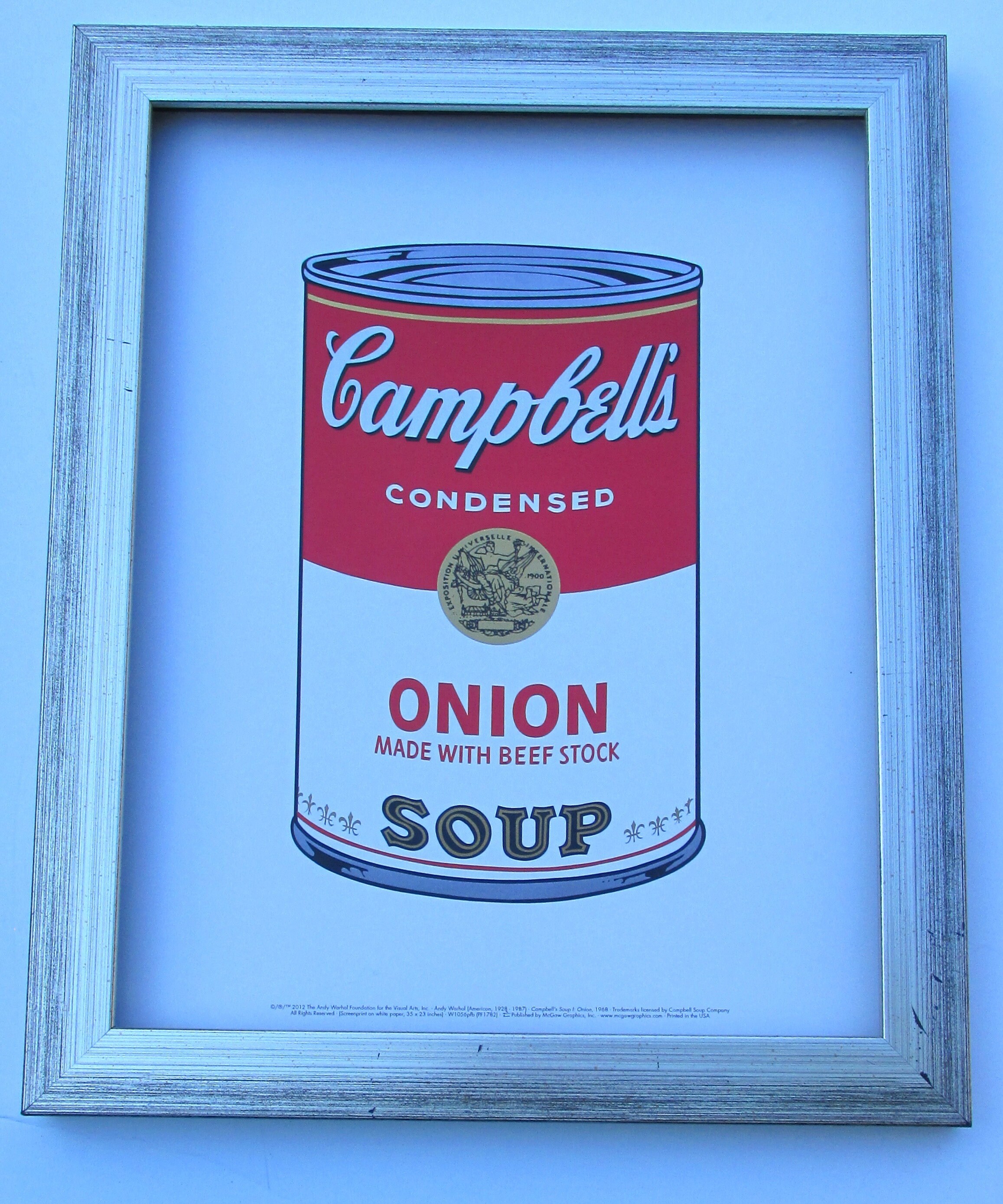 Andy Warhol Silver Framed Campbell Onion Soup Can Pop Art Print 16x13 total-14x11 image size in Black or Silver