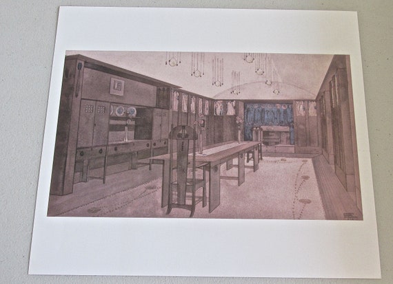 Vintage Charles Rennie Mackintosh Drawing Reprints Of His Home Perspective Of The Dining Room 15x13 Offset Lithograph