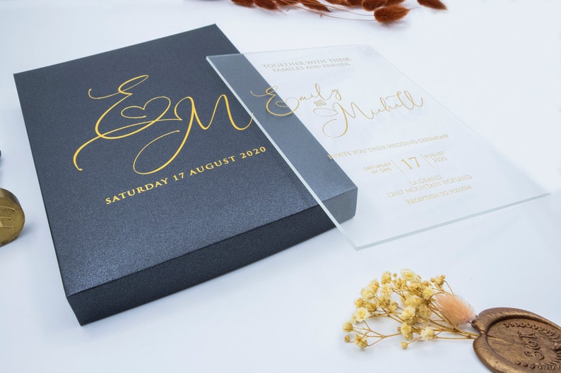 Luxury Wedding Invitation, Acrylic Invitations, Plexiglass Invitation, Clear Invitation With Metalic Paper Box image 8