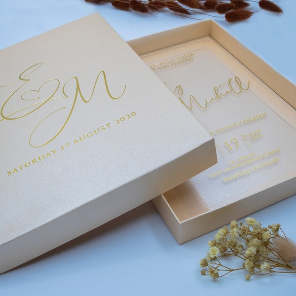 Luxury Wedding Invitation, Acrylic Invitations, Plexiglass Invitation, Clear Invitation With Metalic Paper Box