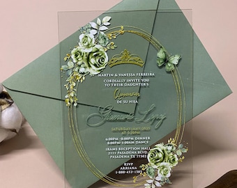 Saliegroene acryluitnodiging voor quinceañera: elegante uv-geprinte kaart