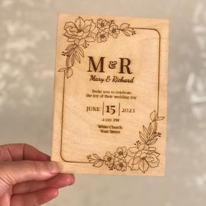 Cartes d’invitation de mariage en bois rustique personnalisables, invitation de luxe unique découpée au laser
