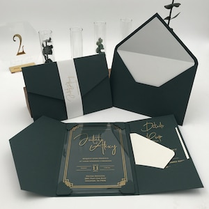 Conjunto de invitaciones de boda personalizables en acrílico, juego de invitaciones de boda tríptico con sobres y RSVP, paquete de invitaciones de boda en color verde bosque