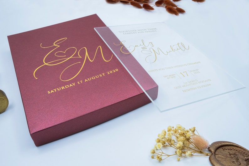 Luxury Wedding Invitation, Acrylic Invitations, Plexiglass Invitation, Clear Invitation With Metalic Paper Box image 2