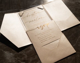 Elegant Trifold Wedding Invitation with Shimmer Cardstock, Acrylic Invite and RSVP