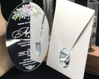 Floral Mirror Acrylic Wedding Invitation Set: Unique Acrylic Invite
