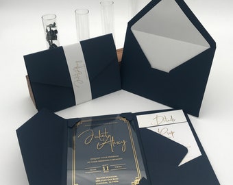 Pocket Wedding Invitation Suite, Custimizable Acrylic Trifold Wedding Invitations Set with Envelopes & RSVP, Modern Wedding Invite Bundle