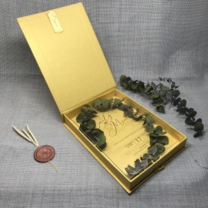 Luxuriöse Hochzeitseinladung, Acryl Einladungen, Plexiglas Einladung klare Einladung mit metallischer Kartonschachtel und senffarbener Farbe