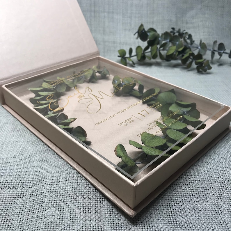 Luxury Wedding Invitation, Acrylic Invitations, Plexiglass Invitation Clear Invitation With Metalic Cardboard Box and Samon Color image 2