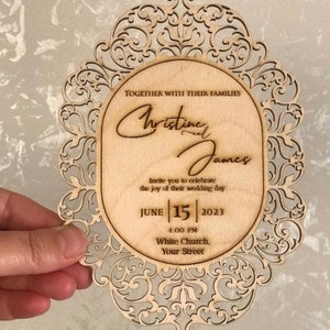 Biglietti d'invito di nozze in legno rustico personalizzabili, unico invito di lusso tagliato al laser