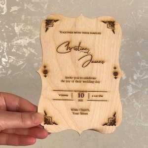 Cartes d’invitation de mariage en bois rustique personnalisables, invitation de luxe unique découpée au laser