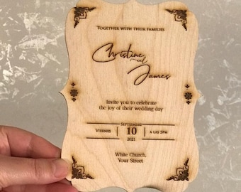 Customizable Rustic Wooden Wedding Invitation Cards, Unique Laser Cut Luxury Invitation