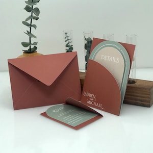 Suite de faire-part de mariage arche en terre cuite, faire-part de mariage personnalisable, faire-part de mariage minimaliste et moderne
