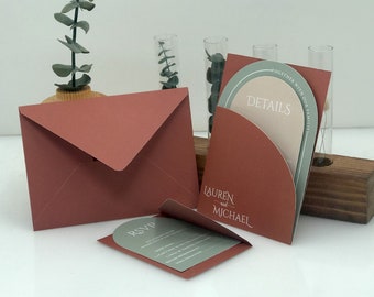May include: A set of wedding invitations with a modern design. The invitations are in shades of brown and green with the text "Lauren and Michael" and "Details" printed on them.