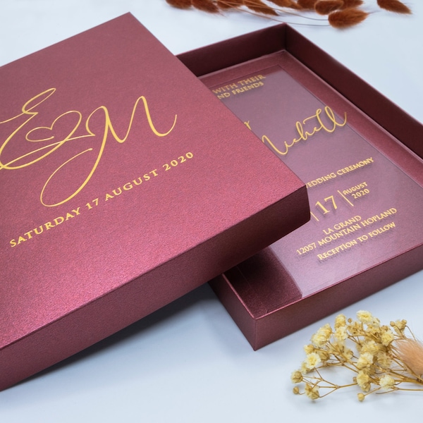 Luxury Wedding Invitation, Acrylic Invitations, Plexiglass Invitation, Clear Invitation With Metalic Paper Box