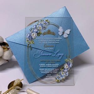 Blauwe acryl uitnodiging quinceañera, Mis Anos, Sweet 16, aanpasbare acryl uitnodigingen quinceañera, Sweet 15, verjaardagsuitnodiging