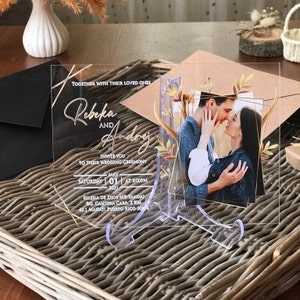 Invitación de acrílico personalizada, invitación transparente con sobre, guardar la fecha establecida con foto