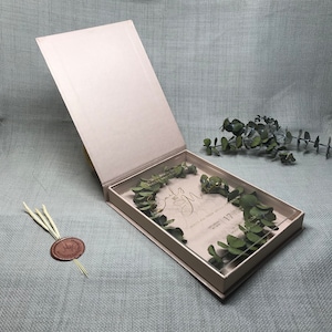 Luxe bruiloft uitnodiging, acryl uitnodigingen, plexiglas uitnodiging duidelijke uitnodiging met metalic kartonnen doos en samon kleur