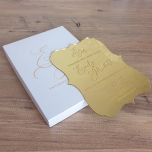 Luxuriöse Hochzeitseinladung, Acryl Einladungen, Spiegel einladung mit Metallpapierbox