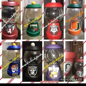 May include: A collage of eight glass candy jars with different team logos painted on the bases. The logos include the Alabama Crimson Tide, Florida Gators, Georgia Bulldogs, Miami Hurricanes, TCU Horned Frogs, Las Vegas Raiders, and the LSU Tigers. The jars are all decorated with a white ball on top.