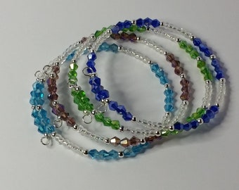AB Crystal and Clear Glass Bead Memory Wire Bracelet