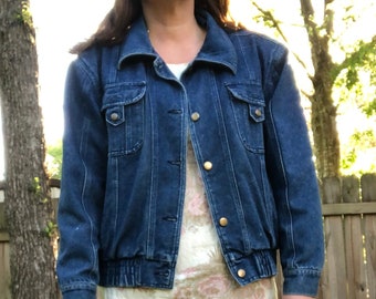 1980s jean jacket - great pocket design - elastic waist - shoulder pads - distressed - large - vintage jean jacket