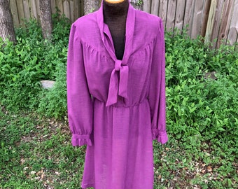 1970s Vintage Phlox Purple Sheer Western Shirt Dress - bow tie collar, ruffled sleeves, feminine pleats, M/L