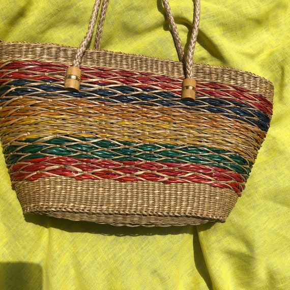 Rainbow Striped Straw Shoulder / Beach Bag - Large - image 5