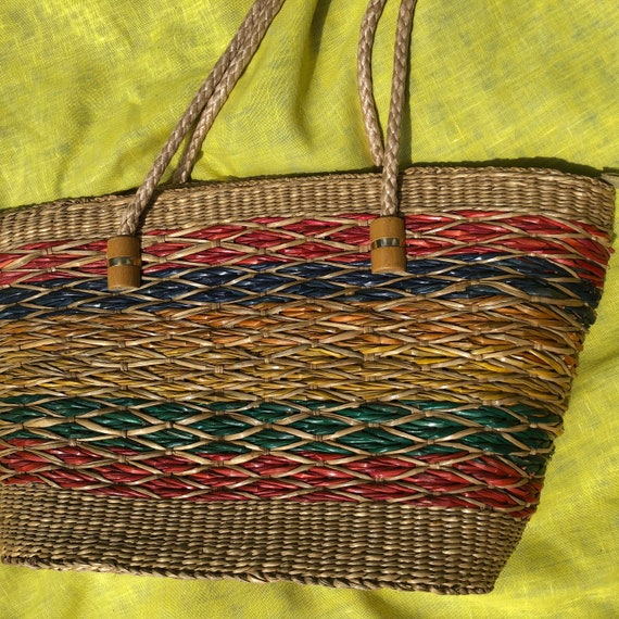 Rainbow Striped Straw Shoulder / Beach Bag - Large - image 3