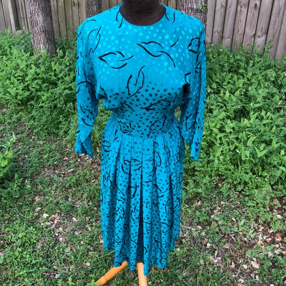 Silk peacock blue dress + dolman sleeves, fitted w