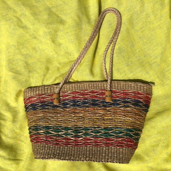 Rainbow Striped Straw Shoulder / Beach Bag - Large - image 1
