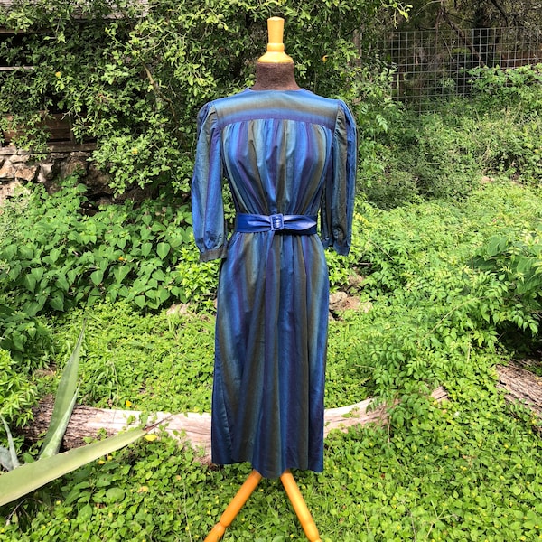 Handmade Vintage 1950s blue/green striped cotton midi shift day dress w/ belt, puff 3/4 sleeves, L