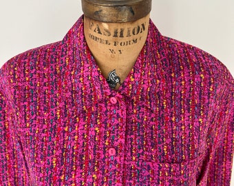 Hot pink graphic button down shirt - 100% silk - vintage 1990s - size 6