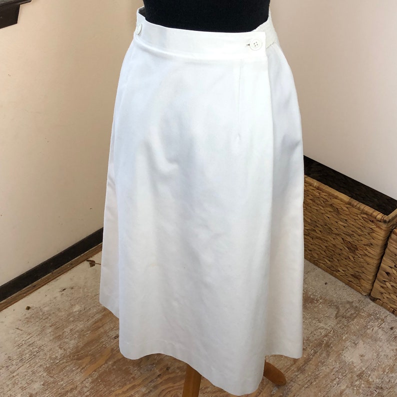Vintage 1970s 1980s Koret of California White Midi True Wrap Skirt w/ elastic side waist, cotton blend, pockets, size 10 image 3