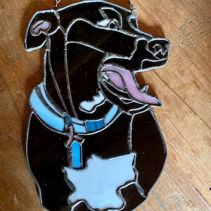 Stained glass Black lab (happy).