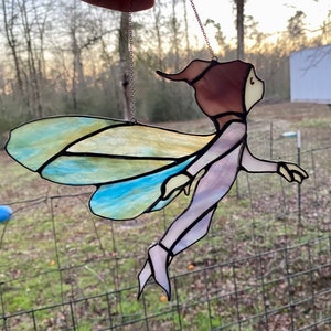 May include: A stained glass fairy with iridescent wings, a purple body, and a brown hooded head. The fairy is flying with its arms outstretched.