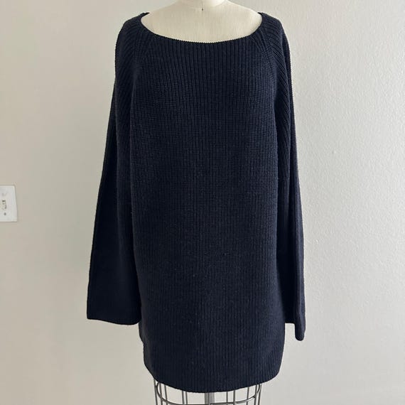 DKNY, DKNY Sweater Women L Navy Blue 100% Wool Ribbed Raglan Oversized Tunic 90s