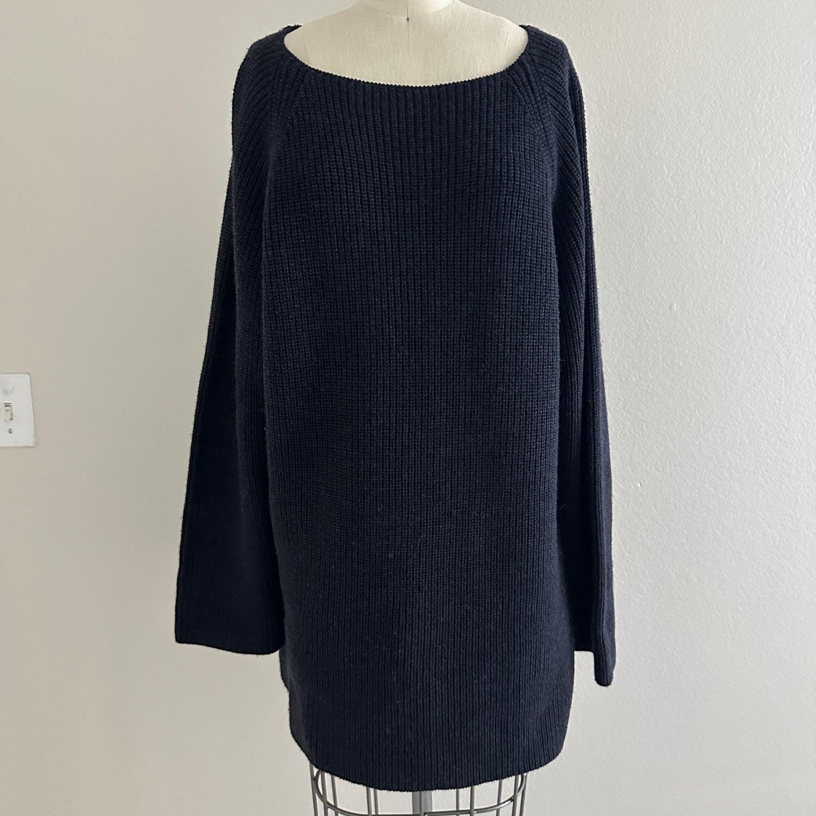 DKNY, DKNY Sweater Women L Navy Blue 100% Wool Ribbed Raglan Oversized Tunic 90s
