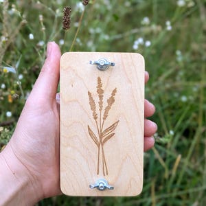 May include: A wooden plant press with a wheat stalk design. The light-colored wood has a rectangular shape with rounded corners. Two metal wing nuts secure the press. The background is blurred green foliage.