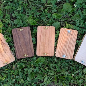May include: Five rectangular wooden boards with varying wood grains and colors, arranged on a bed of green grass. Each board has a metal hinge and decorative hardware. The wood tones range from light to dark.